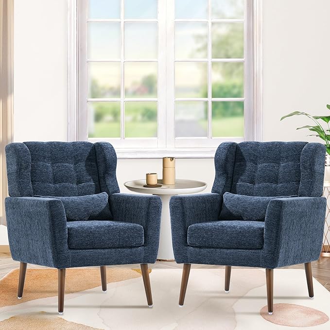 Accent Chair Set of 2, Upholstered Armchair with Pillow, Fabric Single Sofa Chair with Lounge Seat and Wood Legs Accent Chair for Living Room Small Spaces (Dark Blue, Set of 2)