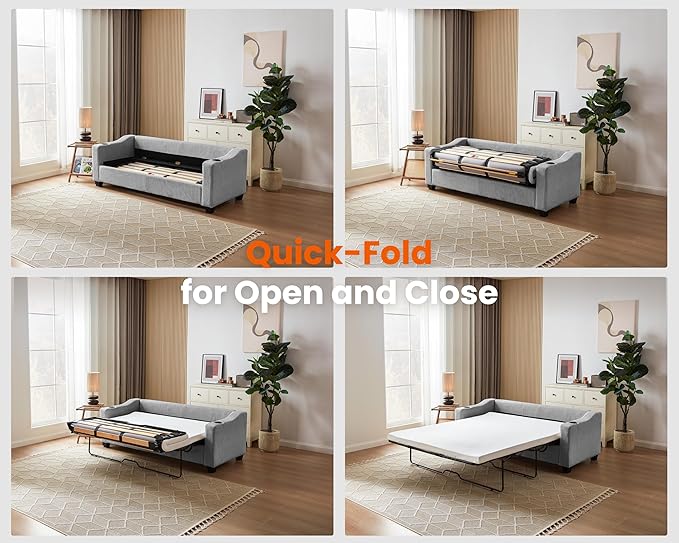 CHIC HOUSE Pull Out Sofa Bed, Full Size Sleeper Sofa, 2-in-1 Convertible Corduroy Couch with USB Charging, Memory Form Couch for Living Room, Apartment and Small Space (Grey, Corduroy - Queen Size)