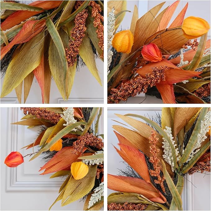 Fall Corn Husk & Berry Door Wreath for Front Door 24 Inch, Festive & Rustic Farmhouse Autumn Harvest Wreath, Fall Decor for Home Door Wall Porch Window, Orange/Yellow/Brown