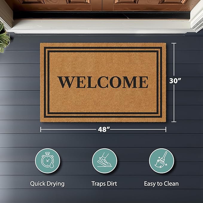 Barnyard Designs Natural Coco Coir Heavy Duty Backing Doormat - Large Cute Non-Slip Front Door Welcome Mat for Outside Entrance or Porch Entry, Brown (30x48, Welcome)