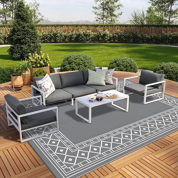 GENIMO Outdoor Rug Waterproof for Patio, 9'x12' Reversible Plastic Straw Outdoor Carpet, Camping Outside Mat for Outdoor Decor, RV, Deck, Camper, Balcony, Picnic, Grey & White