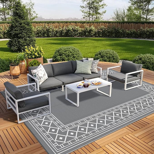 GENIMO Outdoor Rug Waterproof Area 10'x14' for Patio, Foldable Reversible Plastic Straw Carpet for Travel Trailers, Outside Mat for Rv, Deck, Picnic, Porch, Camper, Balcony, Beach, Grey & White