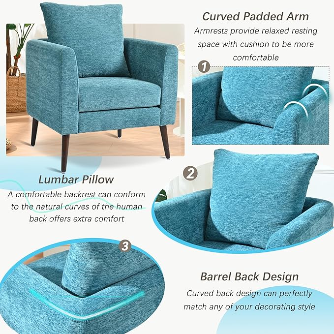 Barrel Accent Chair with Back Pillow, Large Upholstered Armchair with Solid Wood Legs Modern Reading Chairs for Living Room Bedroom