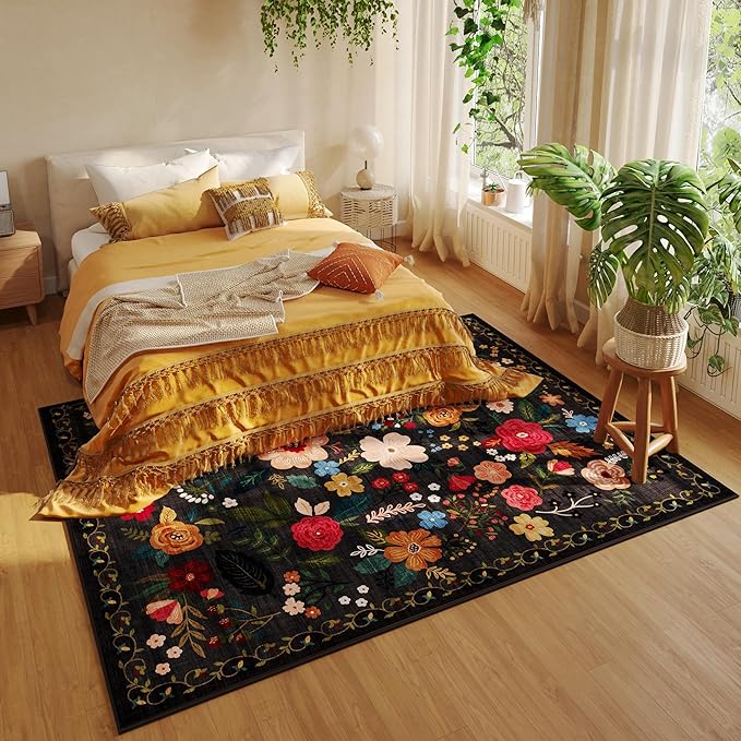 Area Rugs 9x12 Living Room Clearance Washable Boho Rug Non Slip Floral Vintage Low Pile Large Rug for Living Room, Bedroom, Farmhouse, Dining Room, Kids Playroom(Black)