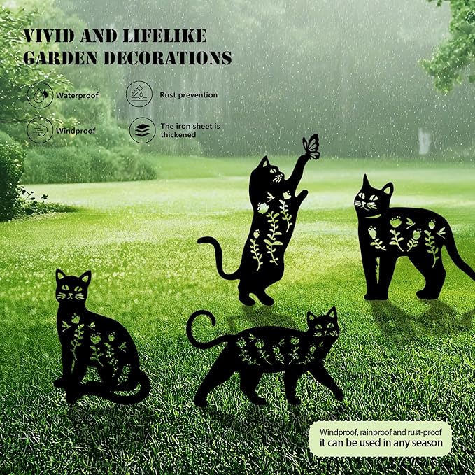 4 Pack Cat Metal Garden Decorative Stakes, Weather Proof Silhouette Statues for Yard, Patio,Outdoor Decor for Cat Lovers and Pet Owners