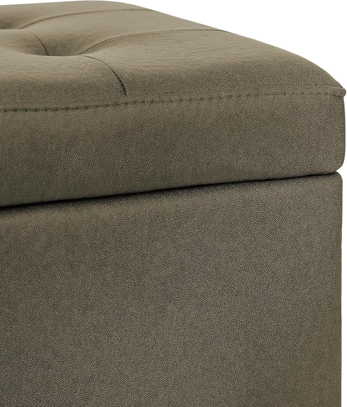 Adeco Fabric Storage Ottoman Bench with Solid Wood Legs, 17.7" Square Olive Green Leathaire Cube Foot Stool, Upholstered Button Tufted Vanity Chair with Hinged Lid for Living Room, Bedroom, Dorm