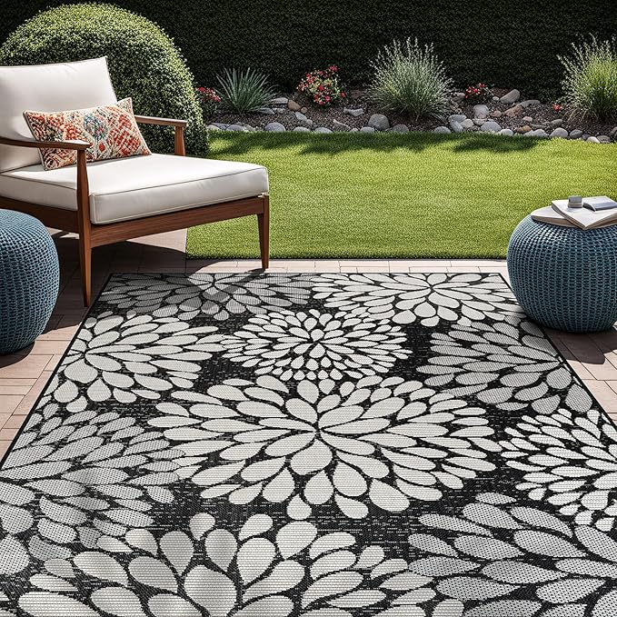 Beverly Rug Outdoor Rug 9x12 Modern Exotic Tropical Leaf Area Rugs for Indoor and Outdoor Patio Deck Porch Garden Water Resistant Washable Outside Carpet (9 x 12 Dark Gray)