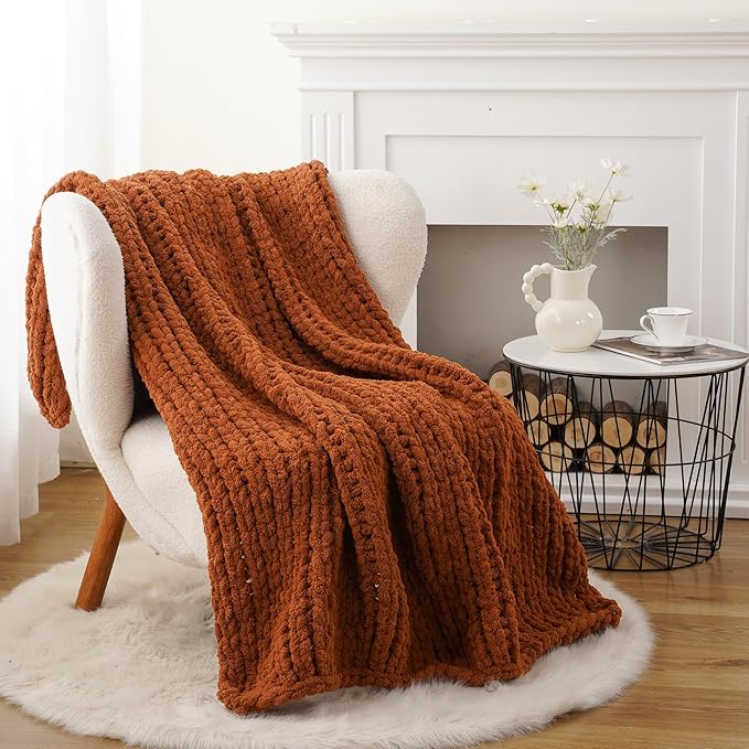Battilo Chunky Knit Throw Blanket, Soft and Thick Chenille Throw Blanket, 50"x60" Handmade Cable Knit Crochet Blanket, Large Rope Knot Throw Blankets for Couch Sofa Bed Home Decor, Caramel