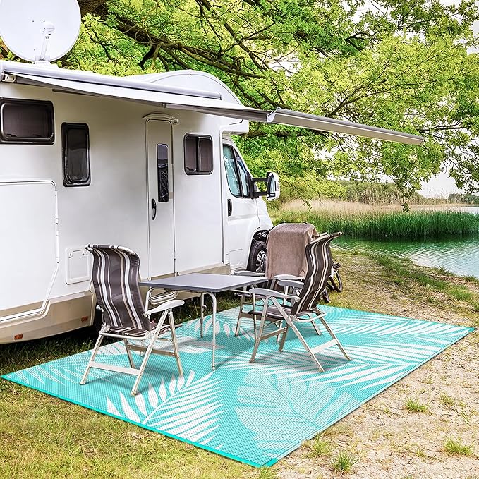 GENIMO Outdoor Rug 6' x 9' Waterproof for Patios Clearance, Reversible Outdoor Plastic Straw Camping Rug Carpet, Large Area Rugs Mats for RV, Camper, Deck, Balcony, Porch, Beach, Aqua Blue&White
