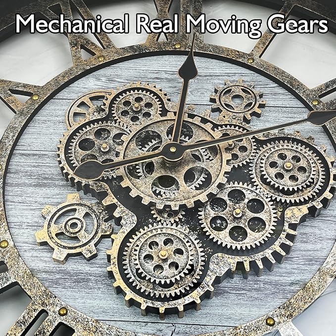 DORBOKER 40" Original Moving Gears Wall Clock, Large Industrial Wall Clock for Living Room Decor,Oversized Wood Vintage Farmhouse Steampunk Rustic Clocks for Wall Decor,Silver Grey