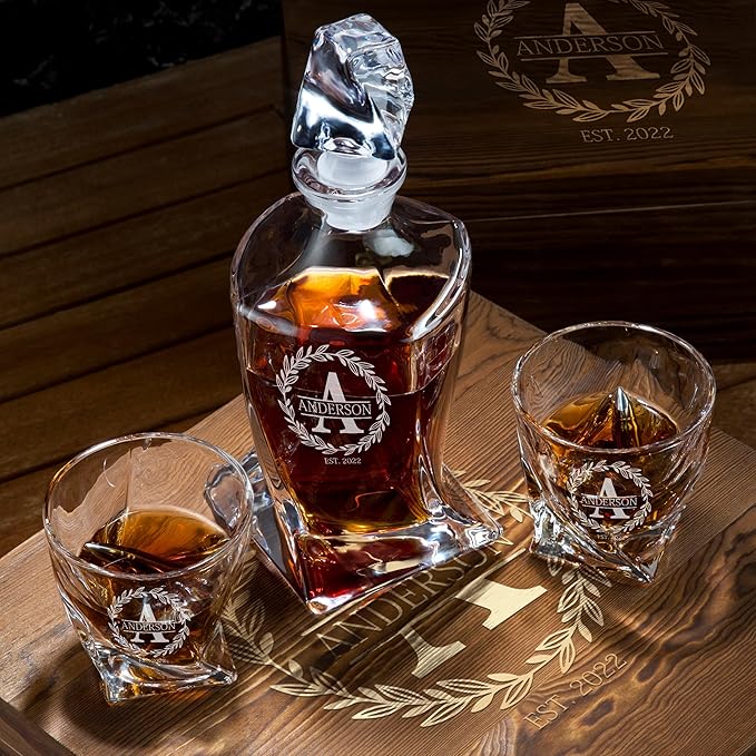 Frolk Personalized Whiskey Decanter and Stones Set - Customized Gift for Him - Men, Dad, Father - Twisted Whiskey Decanter, 2 XL Glasses, 6 XL Whiskey Chillers, 2 Coasters, Tongs, Pouch in Wooden Box