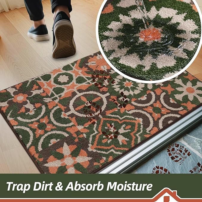 BEQHAUSE Dirt Trapper Door Mat 32" x 48", Non-Slip Entryway Rugs Washable, Floor Mat Stain Resistant and Absorbent Welcome Mat for Front Back Door, Muddy Wet Shoes & Paws, Boho Geometric Floral