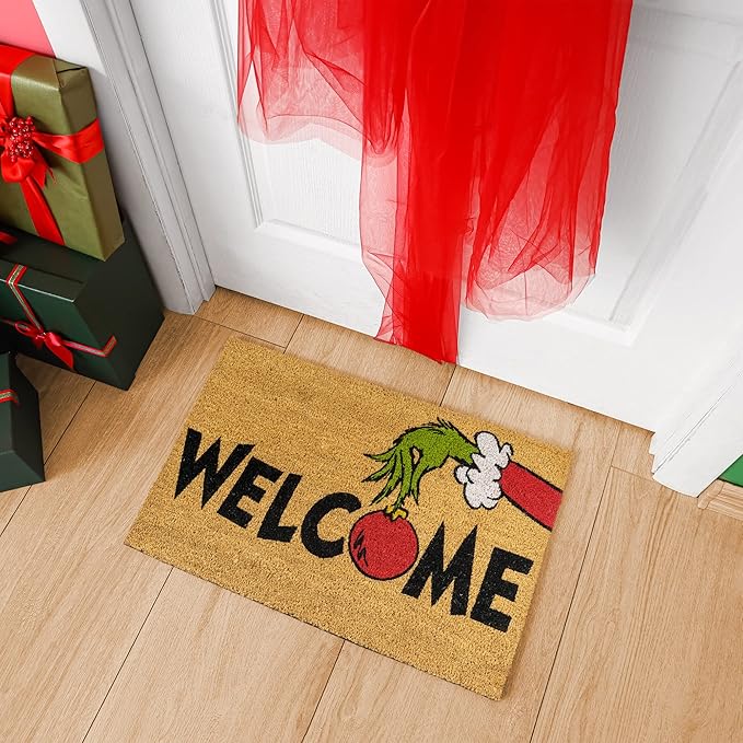 Gertmenian Disney Mickey Mouse Doormat Rug Retro Front Door Coir Mat Home Indoor Outdoor Entryway Carpet, 2-Pack 20x34, The Grinch Welcome/Merry Grinchmas