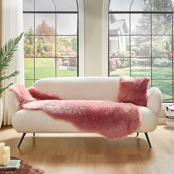 AMTOVO Faux Sheepskin Rug, Blush Pink Ultra Soft Fluffy Shag Area Rug, 2 x 6 ft Faux Fur Rug for Bedroom Sofa Throw Cushion Room Decor, Sheepskin