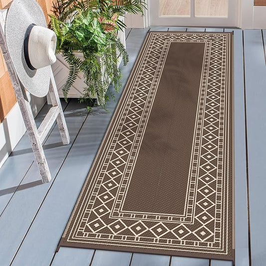 GENIMO Outdoor Rug Waterproof for Patio Decor, 2.5'x8' Foldable Reversible Plastic Straw Runner Rugs Carpet for Porch, Outside Area Mat for Rv, Deck, Picnic, Camper, Balcony, Coffee & Beige