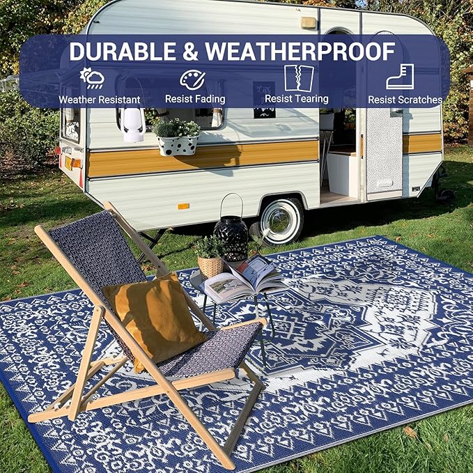 GAOMON Patio Rugs Outdoor 8x10 Waterproof Reversible Plastic Straw Rug, Large UV-Resistant Portable RV Camping Mats, Indoor Outdoor Medallion Carpet for Deck Porch Garden, Dark Blue & White