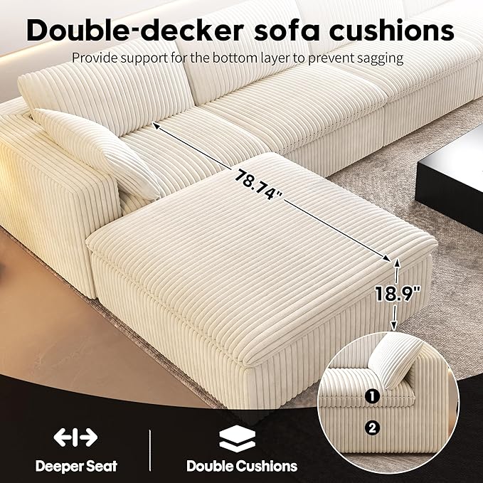 118" U Shaped Modern Sofa Modular Sectional Cloud Couch with 2 Ottoman,Upholstered Couches with Corduroy Fabric for Living Room Furniture,Bedroom and Apartment,No Assembly Required,White