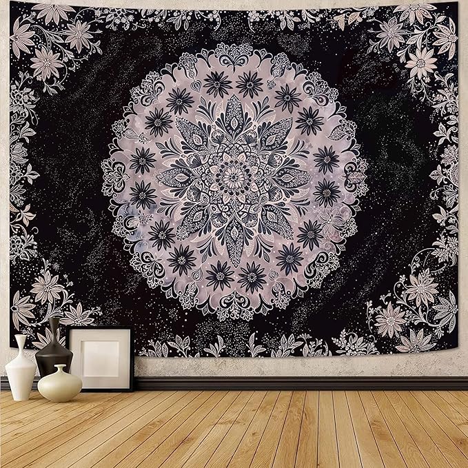 Fowocu Boho Floral Mandala Tapestry Wall Hanging Grey Bohemian Flower Medallion Tapestry Aesthetic Gray Black Hippie Indian Small Tapestries for Bedroom Living Room Dorm Decor 48 x 36 Inch