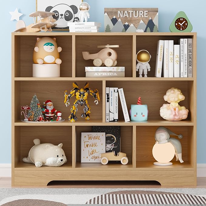 Book Shelf, 8 Cubes Storage Organizer, 3-Tier Open Shelf Wooden Bookcase, Freestanding Log Bookshelf Cube Shelf for Bedroom, Living Room, Home Office