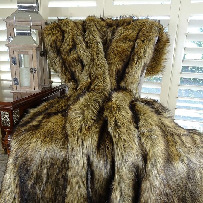 Brown Fur Throw Blanket & Bedspread - Brown Wolf Faux Fur - Light & Dark Browns Caramel & Coffee Colors - Faux Fur - Luxury Throw Blanket & Bedspread, Handmade in USA, 16406