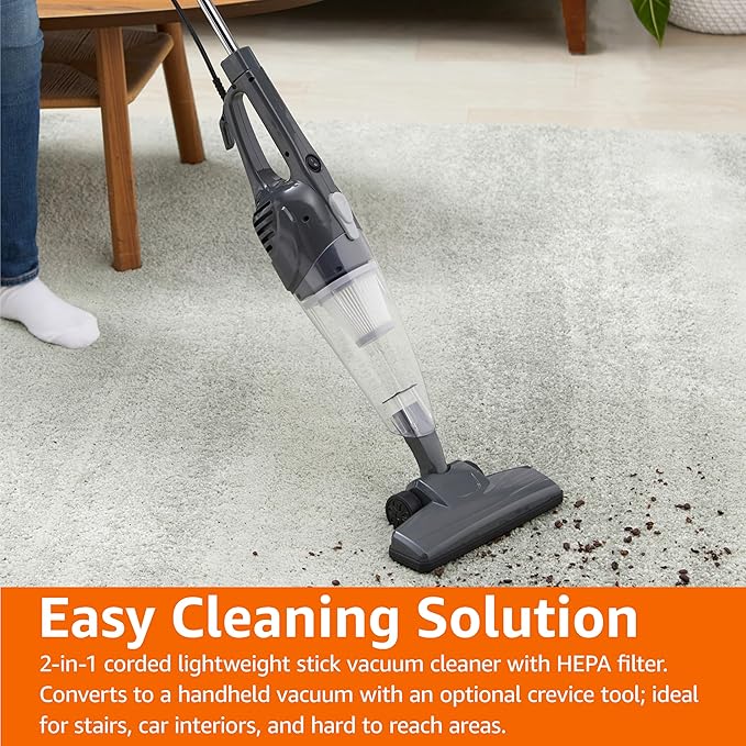 Amazon Basics 2-in-1 Corded Stick Vacuum Cleaner, Convertible to Handheld, Lightweight (3.9 LBS), with Washable HEPA Filter, Crevice Tools, 0.5L Dust Cup, 19.7-Ft Cord, 300W, Black