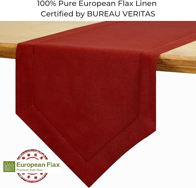 D'Moksha Homes Red Linen Table Runner 108 Inches Long - 100% Pure Linen Diamond Table Runner 14 x 108 Inch for Dining, Fall and Halloween - Machine Washable
