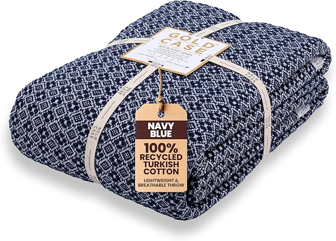 Gold Case Throw Blanket for Bed – 100% Recycled Turkish Cotton Bed Blanket – Decorative Throw Cotton Blankets for Living Room & Bedroom – Retro Navy Blue Woven Queen Blankets – 90x90