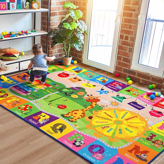 6x9 Playroom Rugs for Kids Washable, Educational and Fun Playmat with ABC Alphabet Animals Shapes Colors, Non-Slip Play Mat Learning Rugs for Baby Toddler Children Game Activity
