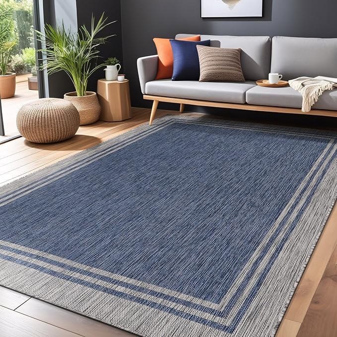 Bordered Outdoor Rug 6x9 Washable Outside Carpet for Indoor Patio Porch Waterproof Easy Cleaning Non Shedding Area Rugs Navy 6 x 9