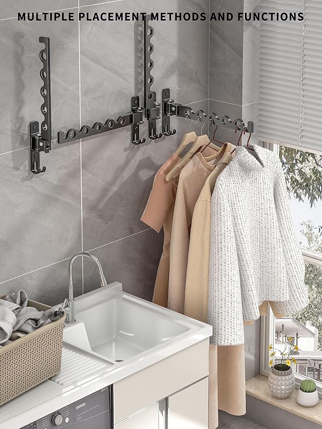 Dr.DJ Wall Hanger for Clothes, Coat Hanger Mounted Matte Black Retractable Clothes Drying Organizer Rack Garment Hooks Aluminium Folding Indoor Space Saver (2 Racks) Black