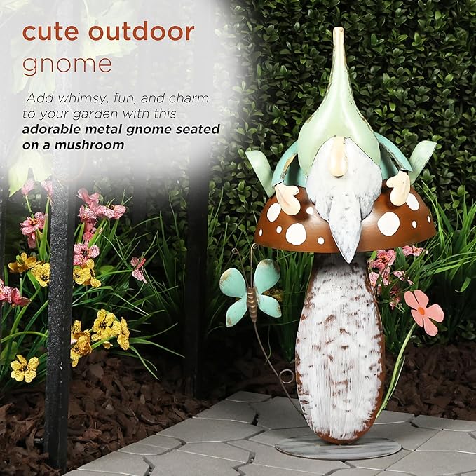 Alpine Corporation - Metal Gnome with Mushroom – 20" Tall Durable Iron Garden Statue, Whimsical Outdoor Décor for Patio, Lawn, Yard (Multicolor)