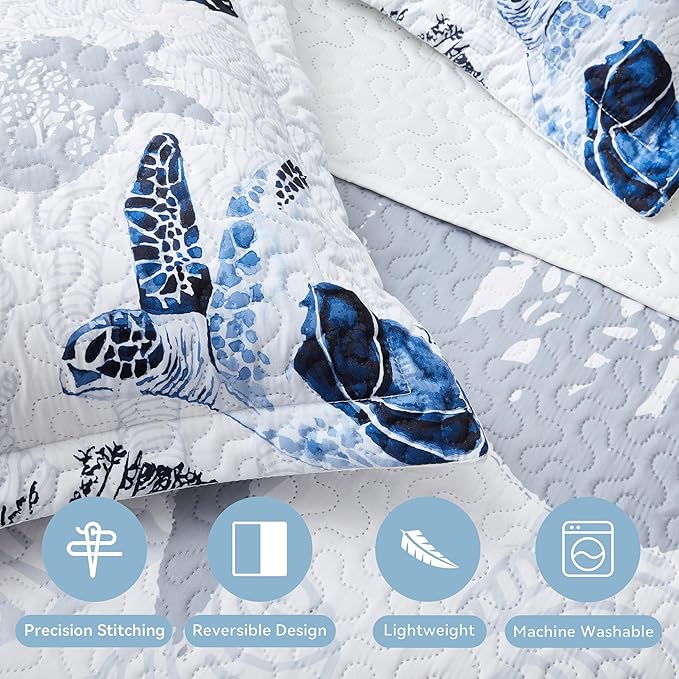 Coastal Bedding California King Size Coastal Quilt with 2 Shams, Nautical Beach Comforter Sets Ocean Bedspreads Blue Seaturtle Coverlet Summer Bedding, 106''x118''