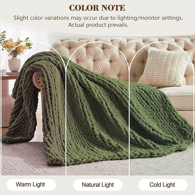 Carriediosa Chunky Knit Throw Blanket 50" X 60", 100% Hand Made Large Chenille Loop Yarn Soft Fluffy Throws for Couch Sofa Bed, Big Crochet Cozy Heavy Thick Cable Woven Blankets, Olive Green