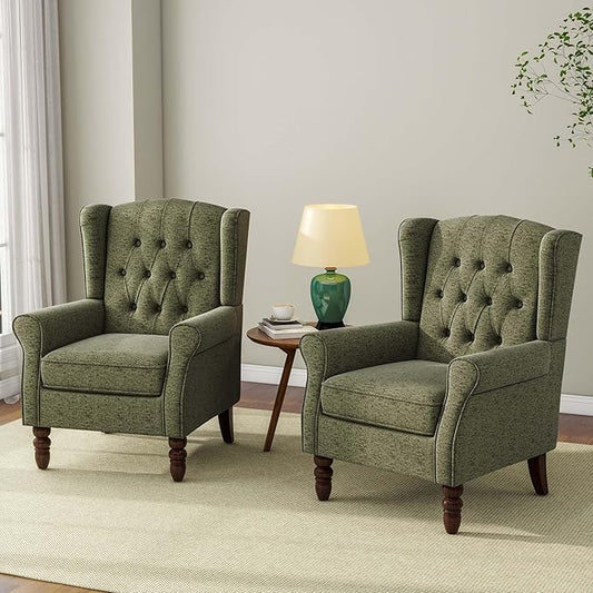 Accent Chair, Upholstered Armchair with Button Tufted High Back & Solid Wood Legs, Comfy Wingback Reading Single Sofa Chair for Small Spaces, Living Room, Bedroom (Green, Set of 2)