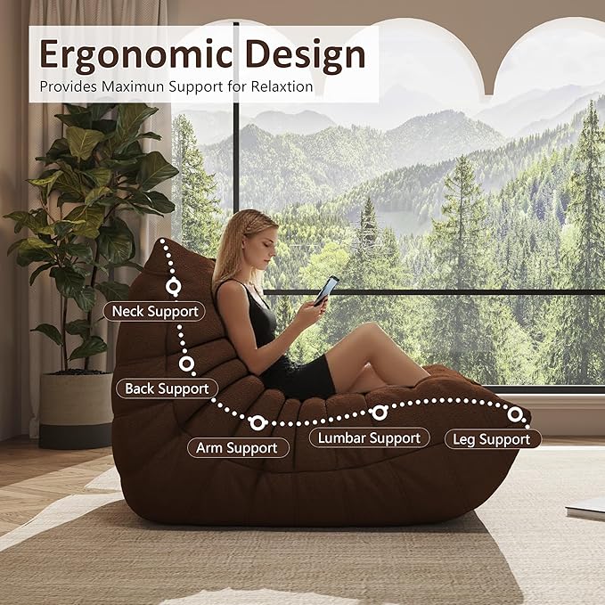 Bean Bag Chair, Oversized Loveseat Fireside Chair for Adults, 2 Seater with Memory Foam Filled, Lazy Sofa Lounge Floor Sofa for Living Room, Bedroom, Office, No Assembly Required. (Coffee)