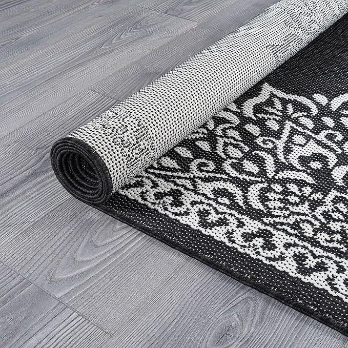 CAMILSON Indoor Outdoor Rug, 10x14 Medallion Black White Modern Area Rugs for Large Indoor and Outdoor Patios, Kitchen and Hallway Mats, Washable Porch Deck Outside Carpet (Medallion Black, 10 x 14)