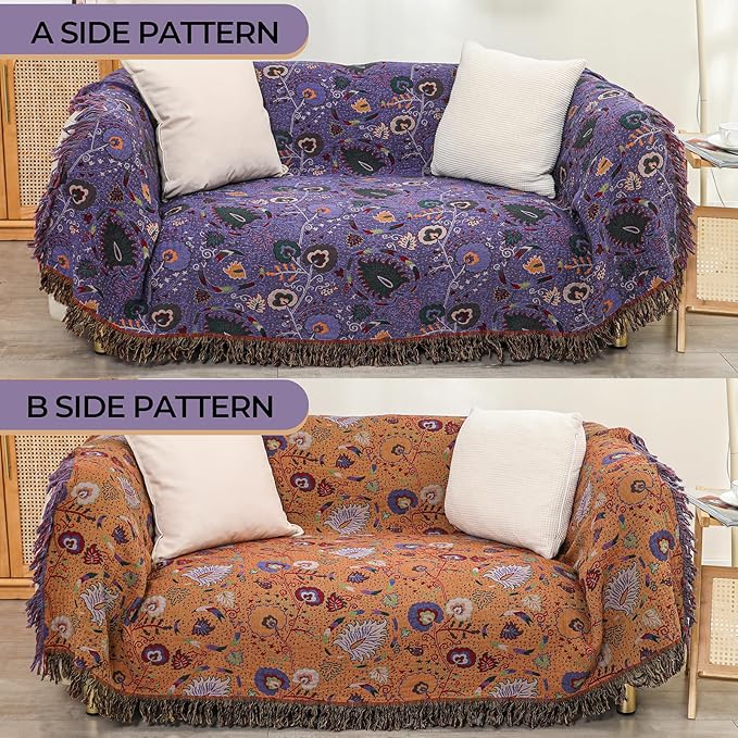 Boho Throw Blanket for Bed,100% Ultra Cotton Soft Breathable Bed Throw Floral Printed Farmhouse Decor Rustic Bed Throws for Couch Sofa Quilt Purple Flowers 60" x 80"