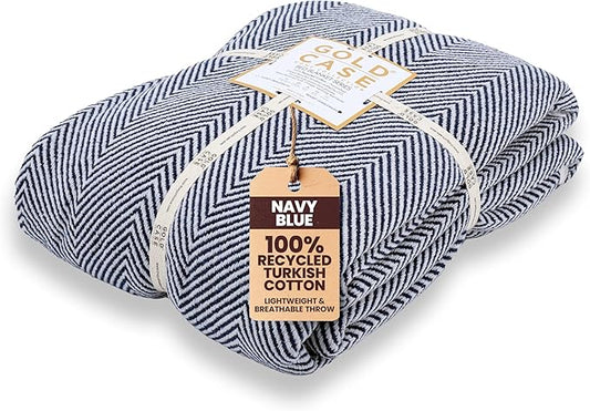 Gold Case Throw Blanket for Bed – 100% Recycled Turkish Cotton Bed Blanket – Decorative Throw Cotton Blankets for Living Room & Bedroom – Woven Twin Blankets - 71x90 - Navy Blue