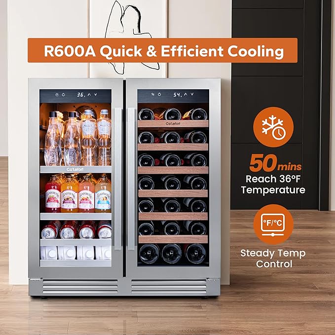 Ca'Lefort 30 Inch Wine and Beverage Refrigerator, 80 Can and 33 Bottle French Door Wine Refrigerator 36-72°F, 3 LED Wine Fridges with Glass Door, Built-in or Freestanding for Home/Kitchen (6.00 cu.ft)