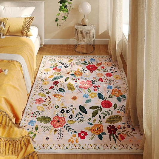 Bedroom Rug 3x5 Rug Washable Area Rug Non Slip Low Pile Boho Floral Small Carpet for Bedroom, Bedside, Kitchen, Entryway, Kids Room, Office, College Dorm Essentials for Girls(Beige)