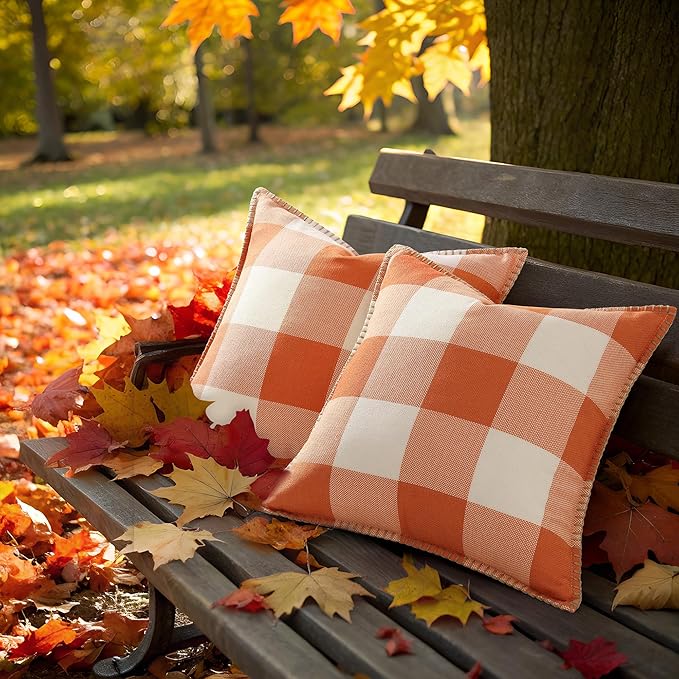 decorUhome Fall Orange and White Decorative Throw Pillow Covers 16x16 Set of 2, Buffalo Plaid Check Farmhouse Cushion Covers with Stitched Edge for Autumn Harvest Couch Sofa Bed Home Decor