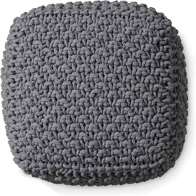 Casafield Square Pouf Ottoman, Dark Gray 18.5" W x 18.5" D x 14.5" H Cotton Knit Foot Stool - Boho Floor Pouffe for Living Room, Bedroom, Home Office