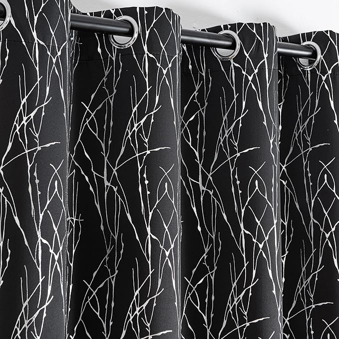 Grommets Blackout Long Window Curtains Black Silver-52W*108L 2PCS Drapes for Bedroom