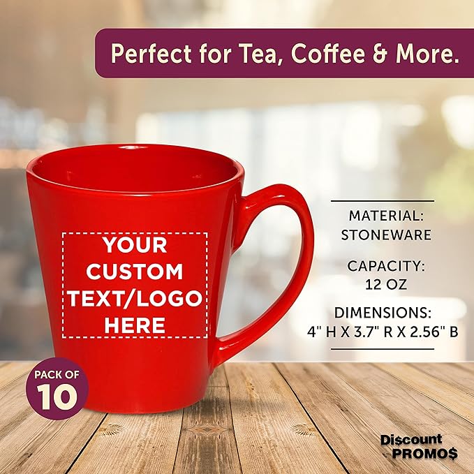 DISCOUNT PROMOS Custom Glossy Ceramic Latte Coffee Mug 12 oz. Set of 10, Personalized Bulk Pack - Perfect for Tea, Espresso, Cappuccino, Hot Cocoa - Red