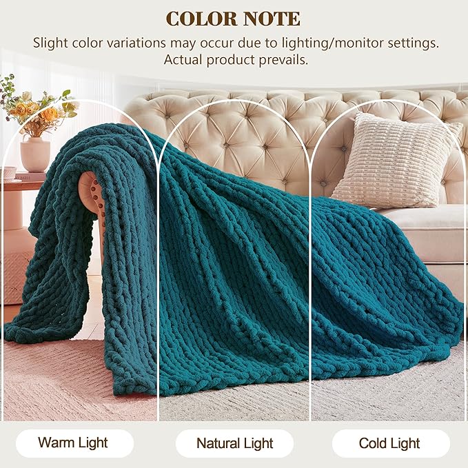Carriediosa Chunky Knit Throw Blanket 50" X 60", 100% Hand Made Large Chenille Loop Yarn Soft Fluffy Throws for Couch Sofa Bed, Big Crochet Cozy Heavy Thick Cable Woven Blankets, Teal