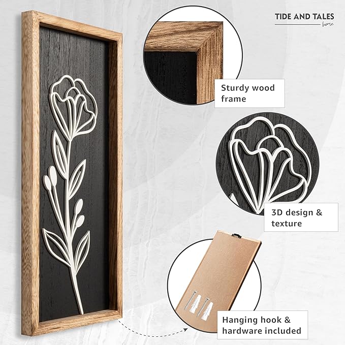 3D Vintage Black Living Room Decor (Set of 2) Lightweight, Wooden Ready-to-Hang Framed Moody Floral Wall Art for Bathroom, Bedroom or Office - Dark Textured Boho Farmhouse Wall Decor - Gift-Boxed
