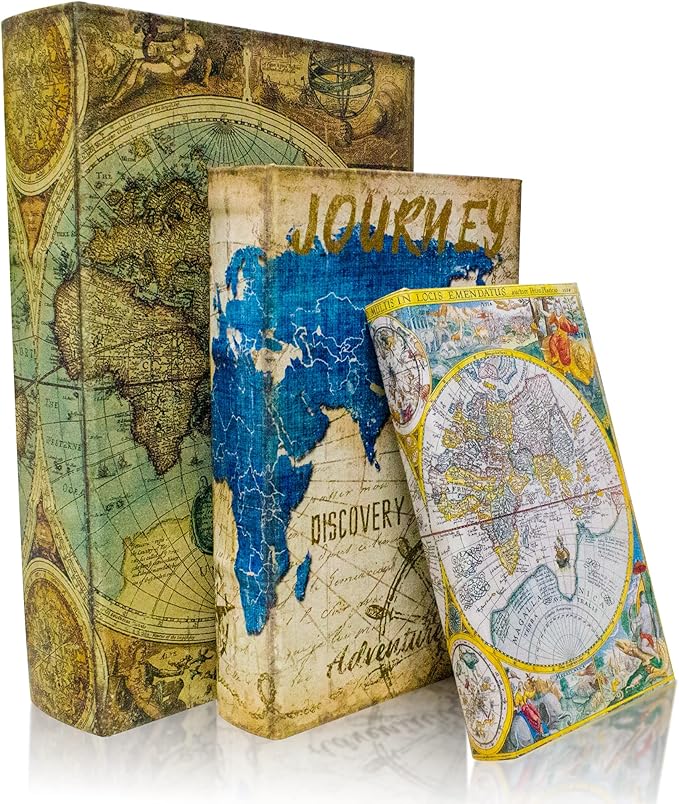 Decorative Book Box Set of 3, Fake Book Trinket Keepsake Storage Boxes with Ancient World Map Pattern, Graduation Gift