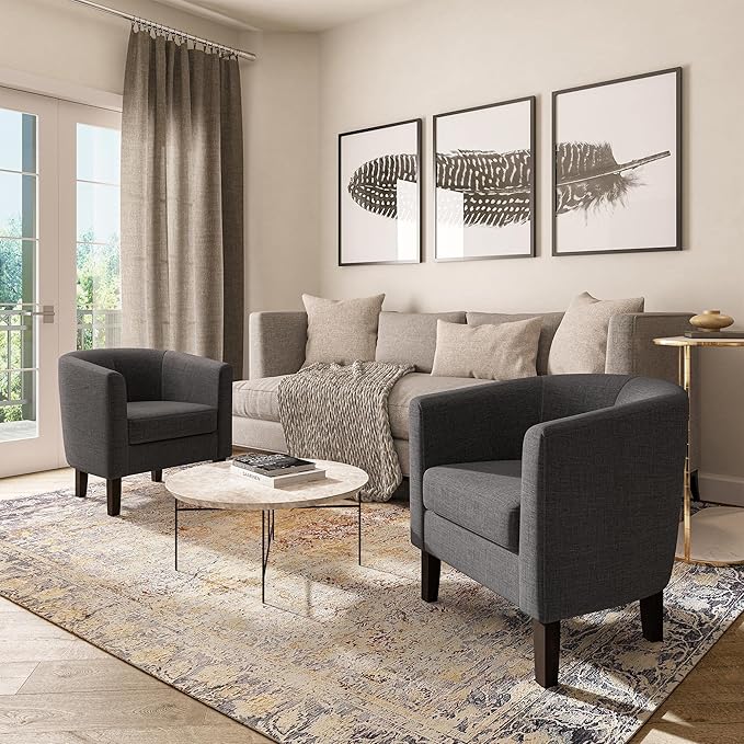 BELLEZE Living Room Chair, Linen Round Accent Barrel Chair, Club Tub Sofa Chair for Bedroom, Corner Chair with Flared Legs and Cozy Soft Padding - Highland (Gray)