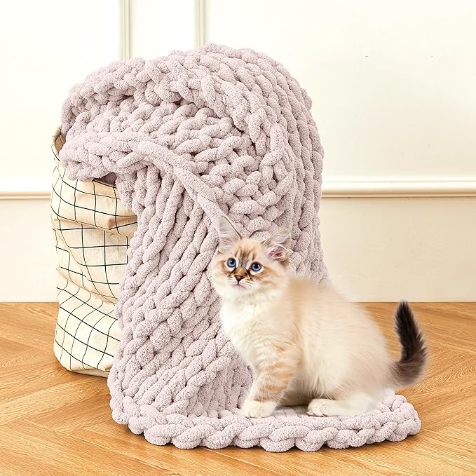 Admitrack Chunky Knit Blanket Throw, 100% Hand Knit Chenille Throw Blanket for Sofa & Home Decor, Soft and Cozy Knitted Throw Blankets (Pink，51"x63")