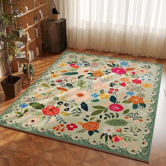 Area Rug 4x6 Rug Washable Boho Rugs Non Slip Low Pile Floral Small Carpet for Bedroom, Bedside, Kids Room, Office, Dining Room(Green)